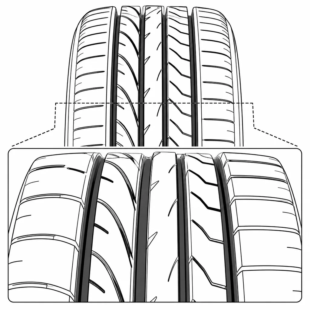 Schéma illustratif : Quatre séparations longitudinales entre les rangées de gomme