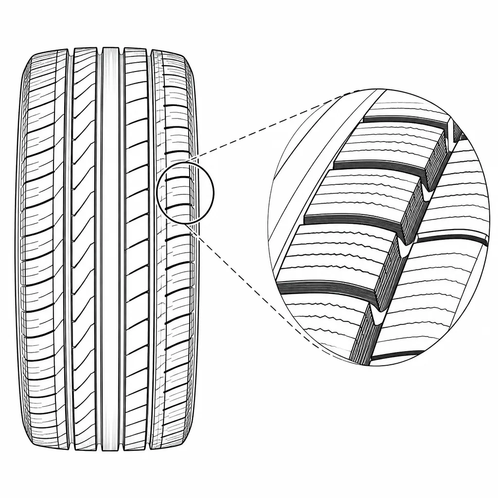 Schéma illustratif : Ligaments étroits créés par la forte densité de découpes fines sur les rangées latérales