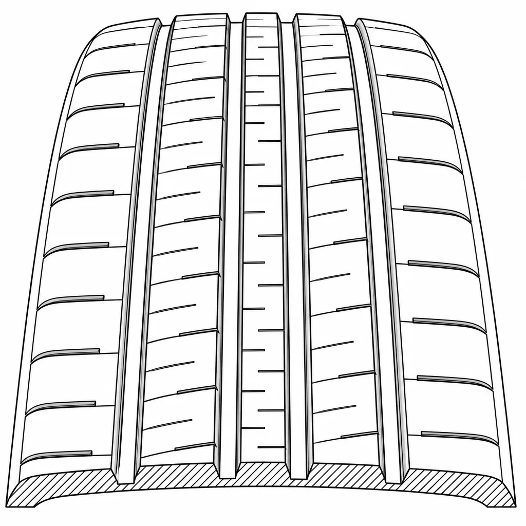 Schéma illustratif : Quatre rainures longitudinales séparant cinq bandes de gomme relativement étroites