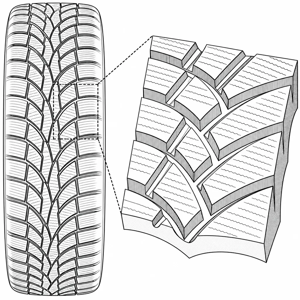 Schéma illustratif : Trois rainures longitudinales sinueuses croisées par de larges ouvertures obliques