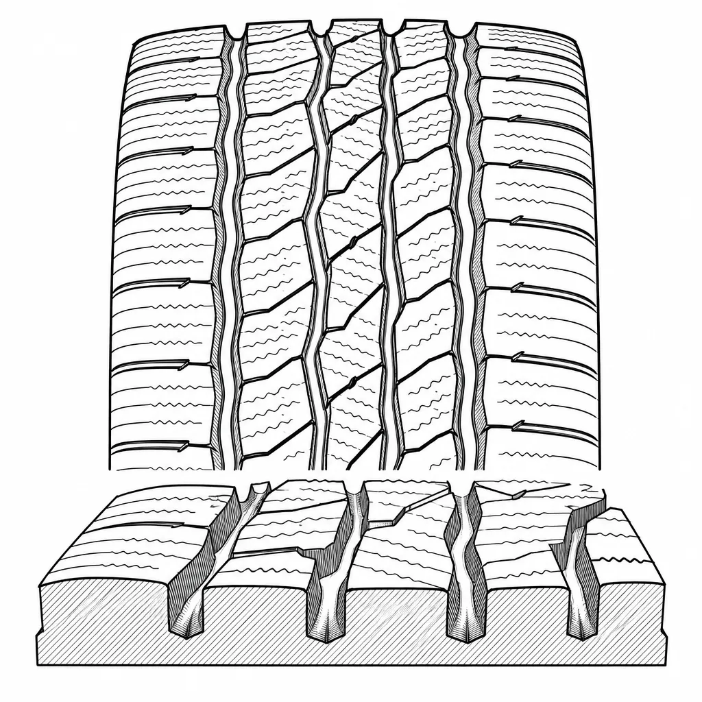 Schéma illustratif : Quatre rainures longitudinales sinueuses séparant cinq rangées porteuses