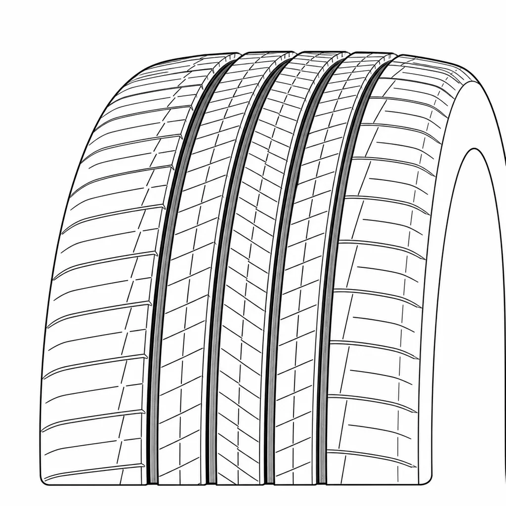 Schéma illustratif : Quatre rainures principales relativement étroites et éléments de gomme rapprochés