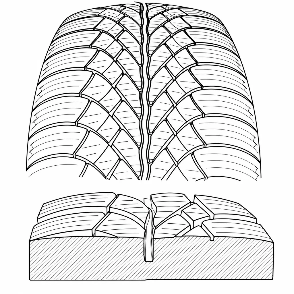 Schéma illustratif : Rainure axiale étroite et sinueuse au milieu des chevrons