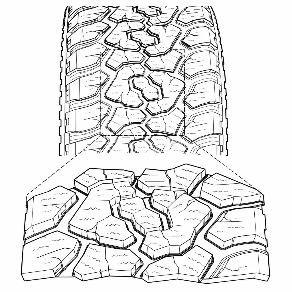 Schéma illustratif : Rangées décalées de pavés polygonaux sans alignement transversal continu