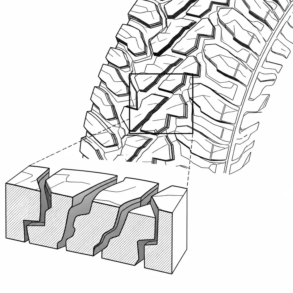Schéma illustratif : Rainures profondes, sinueuses et discontinues entre blocs polygonaux