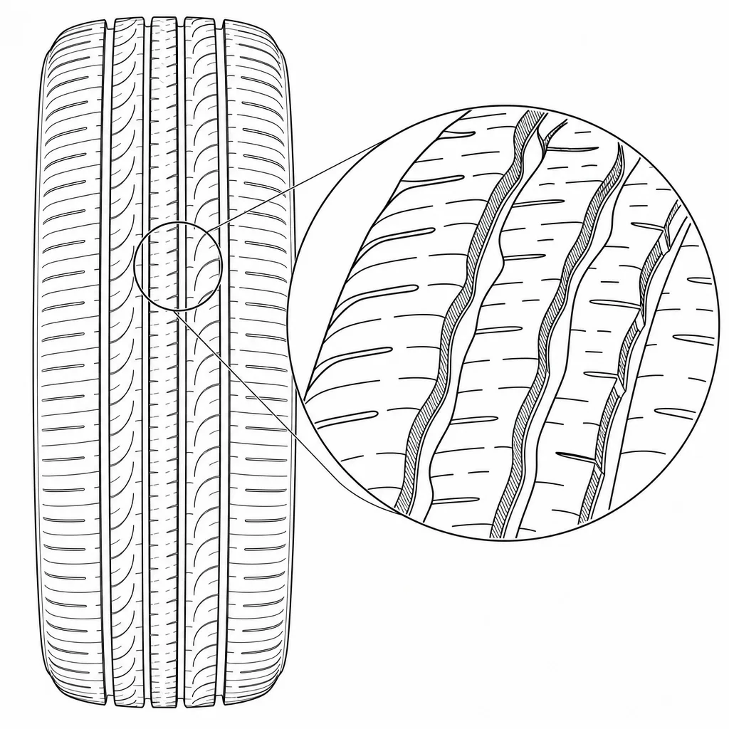 Schéma illustratif : Parois de rainures sinueuses entourant des éléments de largeur variable