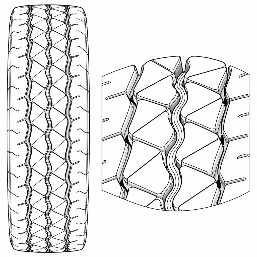 Schéma illustratif : Rainure axiale sinueuse séparant deux files alternées de pavés polygonaux