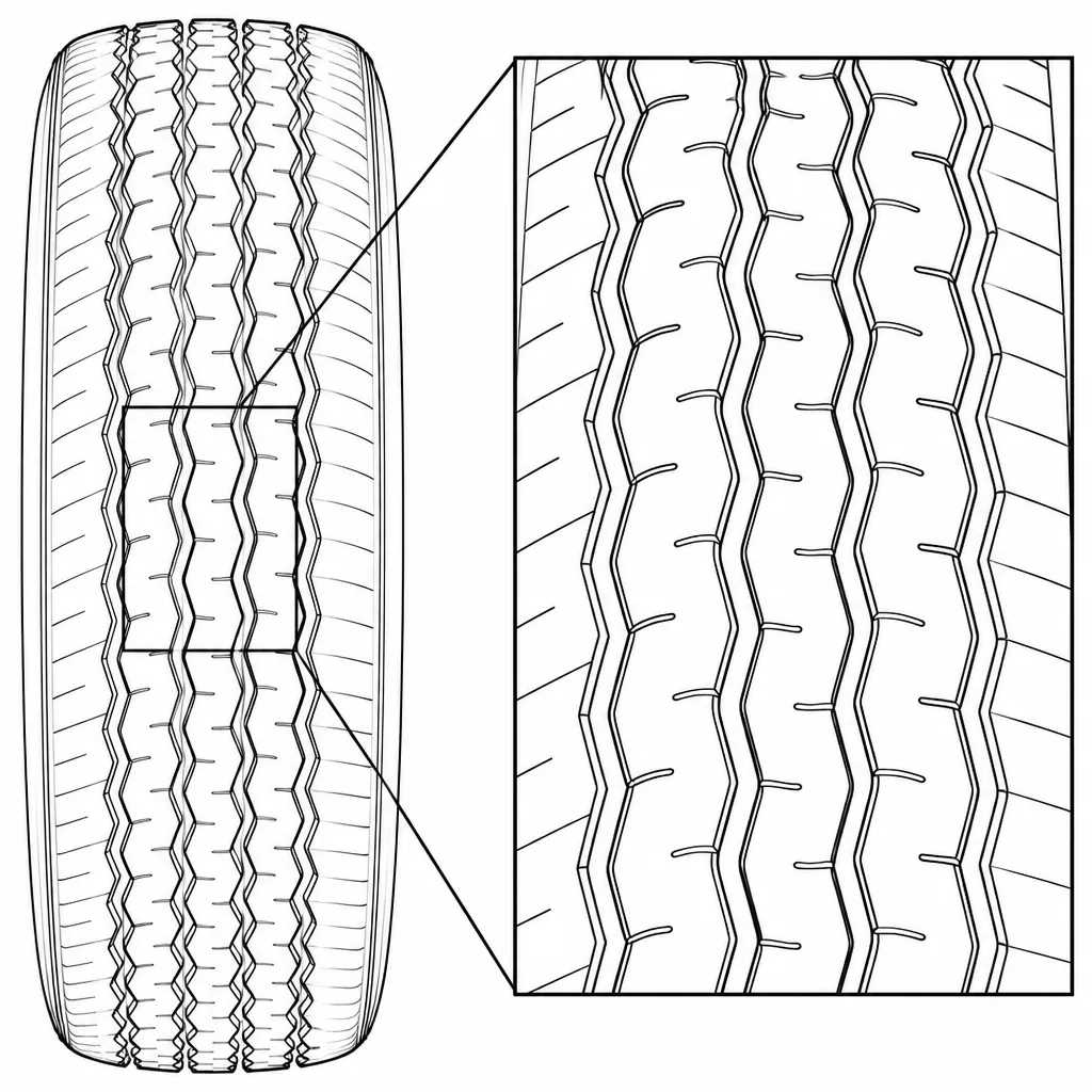 Schéma illustratif : Cordons de gomme étroits séparés dans une bande de roulement visuellement peu large