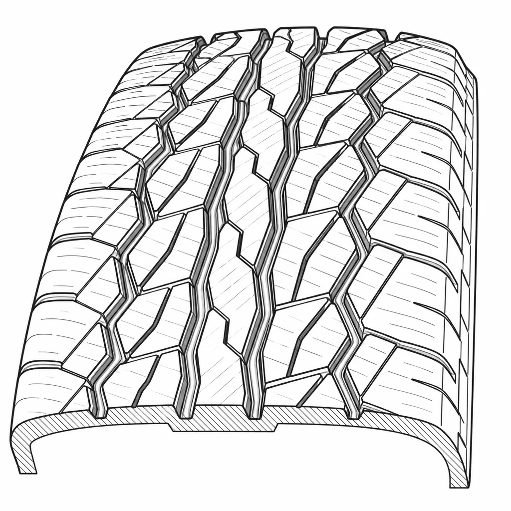 Schéma illustratif : Quatre rainures longitudinales sinueuses reliées à des branches obliques
