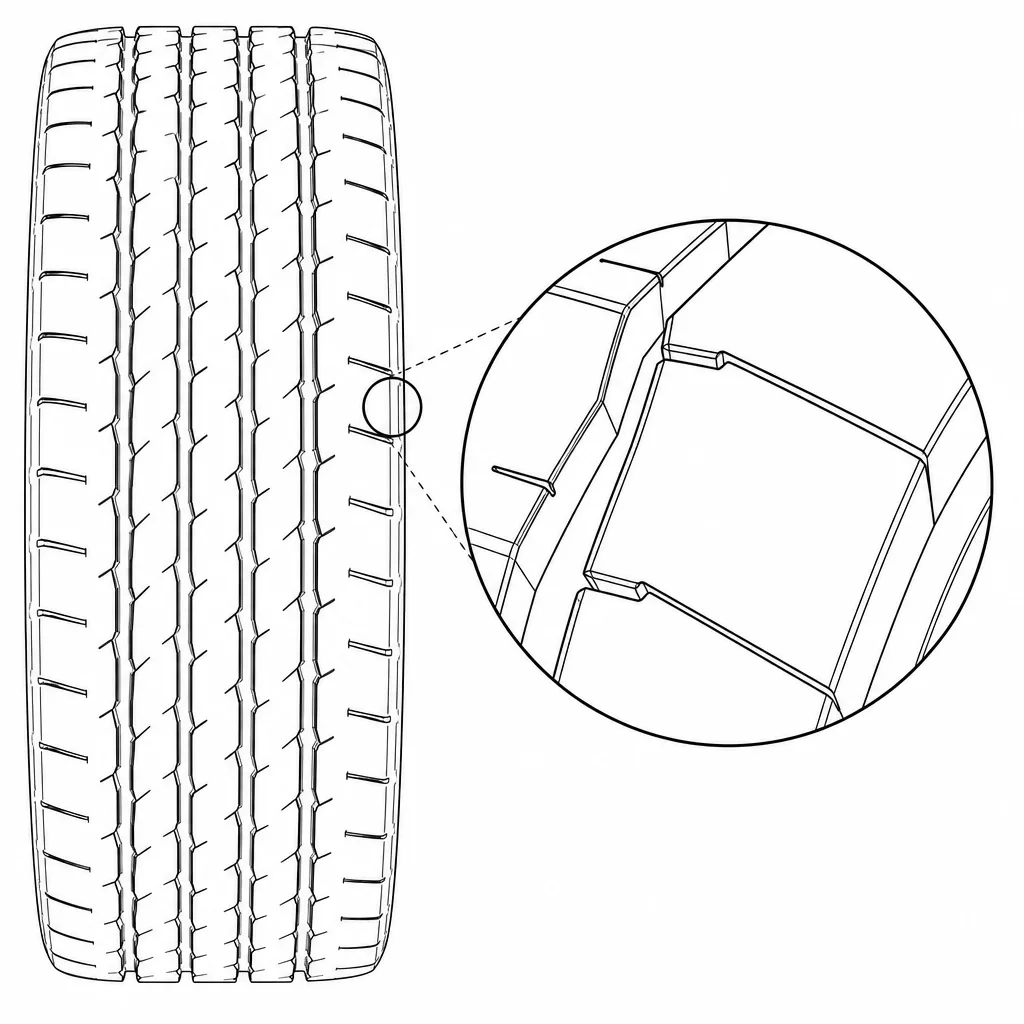 Schéma illustratif : Courtes encoches extérieures laissant des ponts de gomme vers l’intérieur des épaules