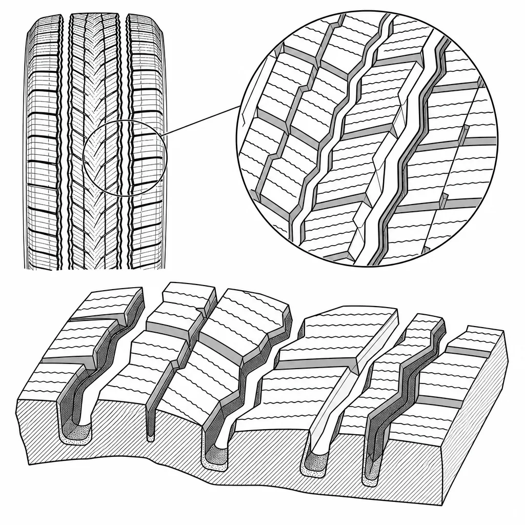 Schéma illustratif : Rainures principales sinueuses bordées de blocs aux faces obliques