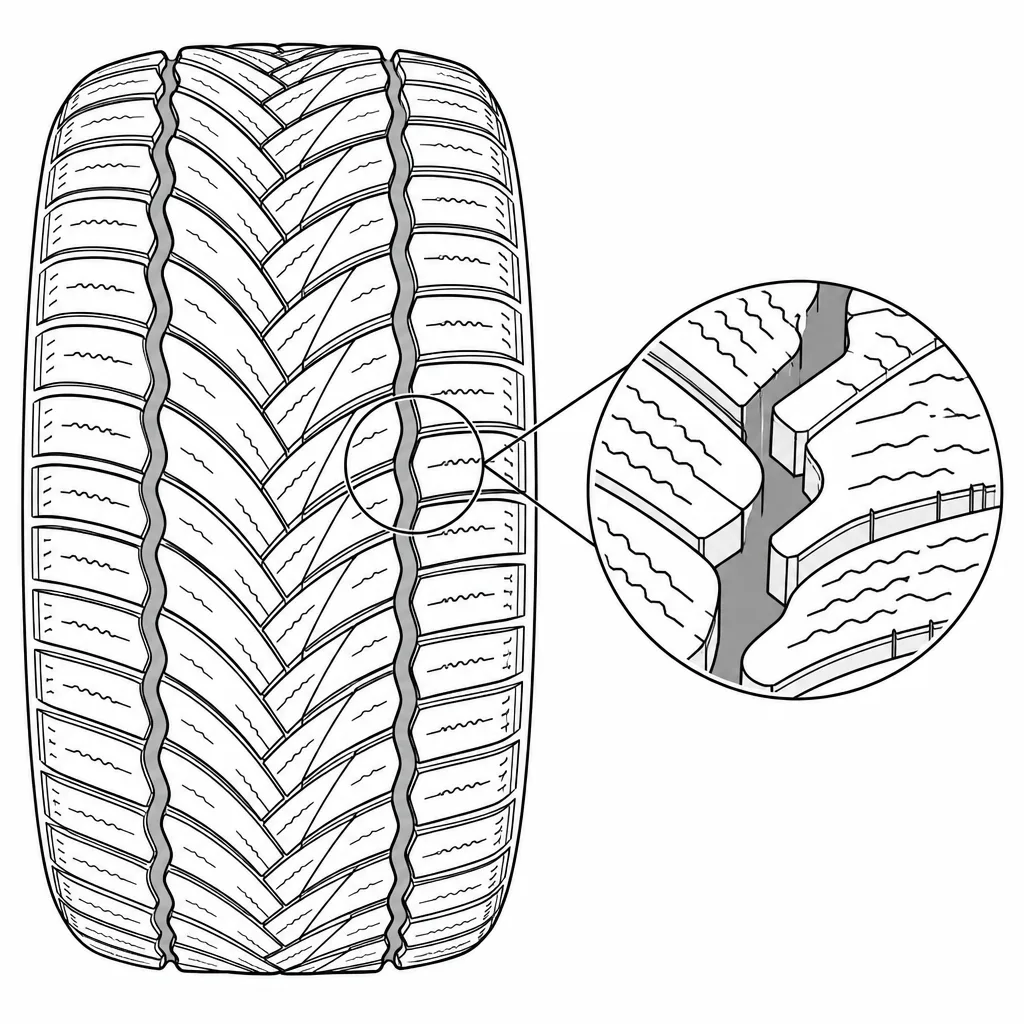 Schéma illustratif : Quatre rainures longitudinales sinueuses associées aux découpes en chevrons