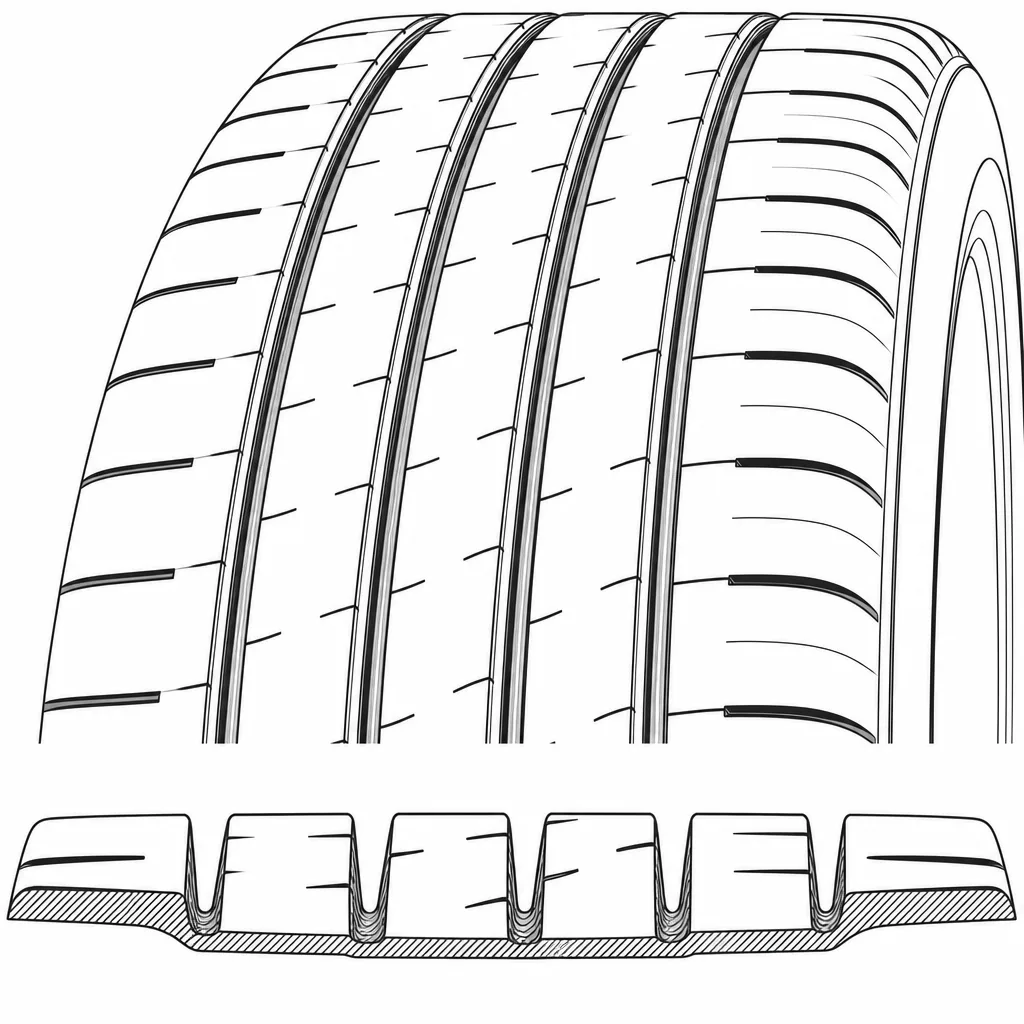 Schéma illustratif : Quatre rainures principales étroites délimitant cinq lignes de gomme