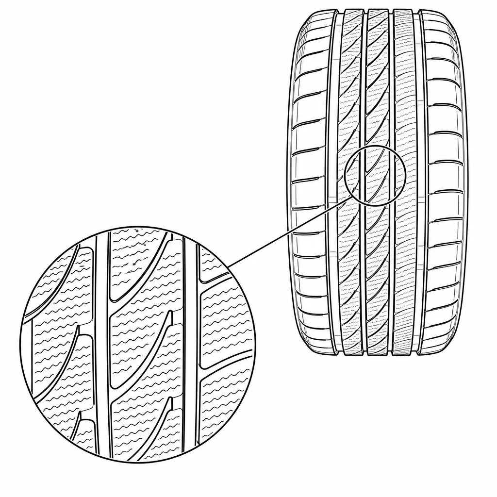 Schéma illustratif : Ligaments de gomme étroits entre les découpes obliques et courbes du centre