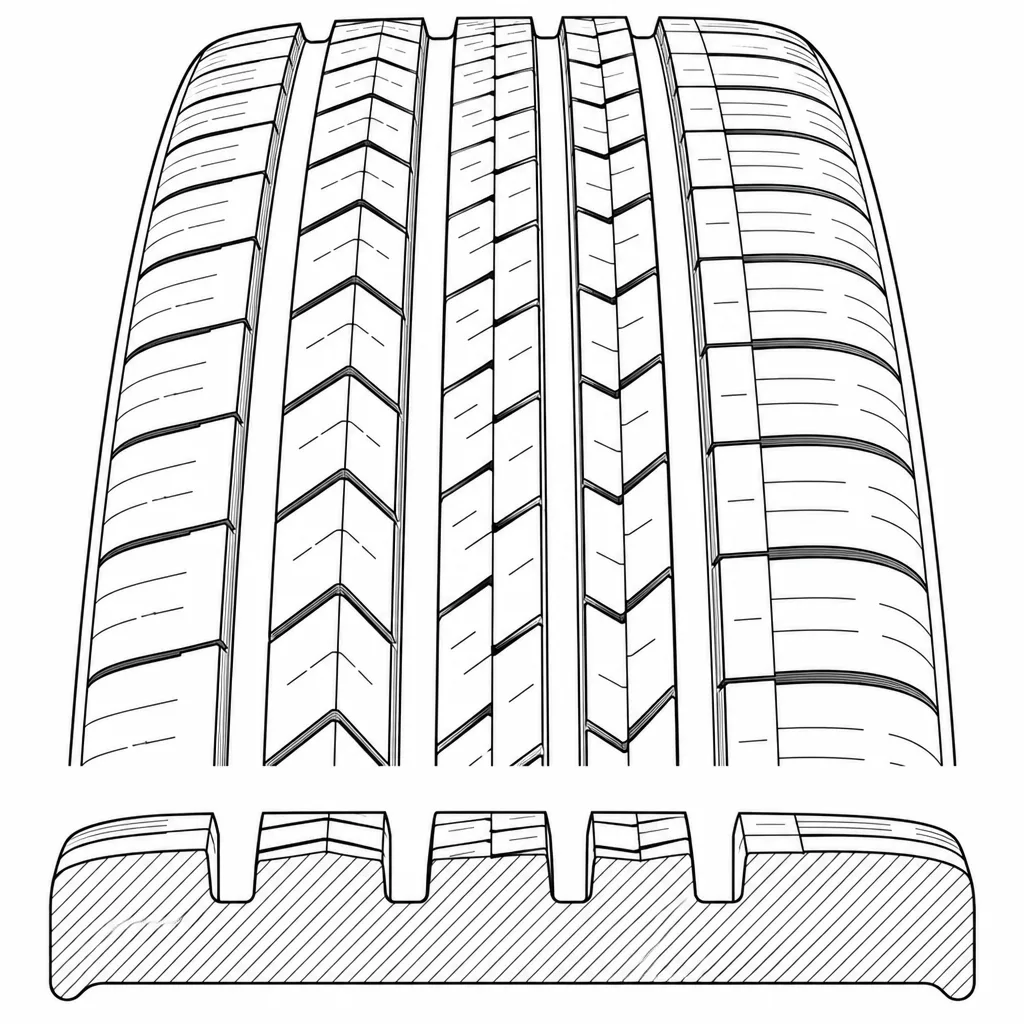Schéma illustratif : Quatre rainures circonférentielles larges séparant cinq chemins longitudinaux de gomme