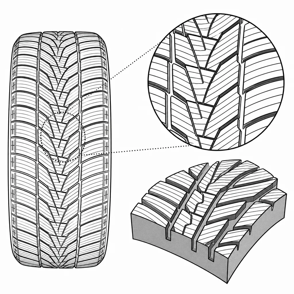 Schéma illustratif : Réseau de plusieurs rainures longitudinales étroites croisées par des rainures obliques