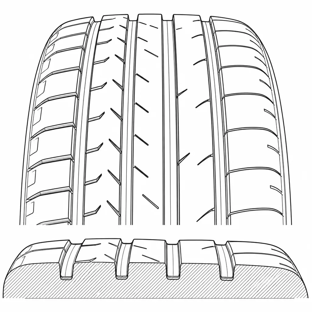 Schéma illustratif : Quatre rainures longitudinales séparant cinq bandes de gomme