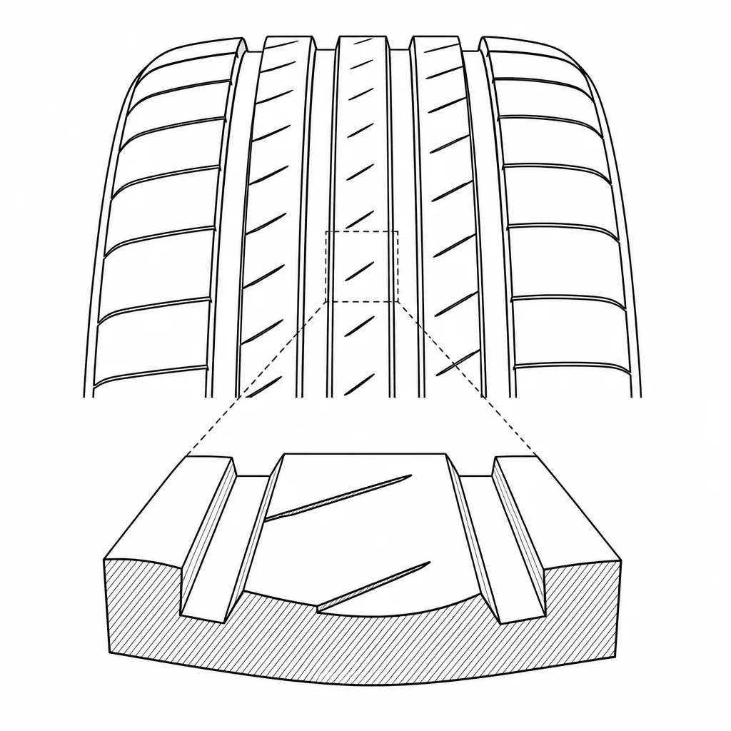 Schéma illustratif : Continuité de gomme derrière les entailles latérales de la nervure centrale