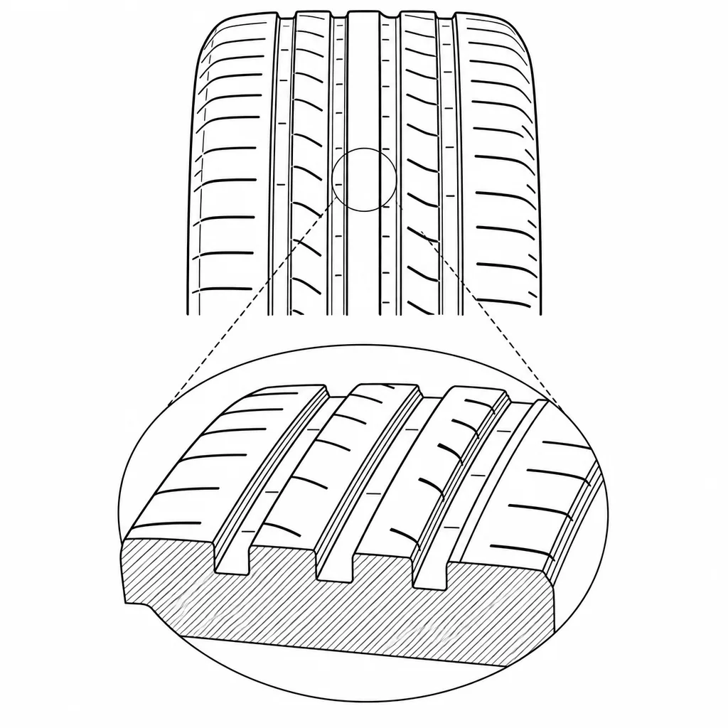 Schéma illustratif : Part élevée de vides circonférentiels séparant des bandes de gomme étroites