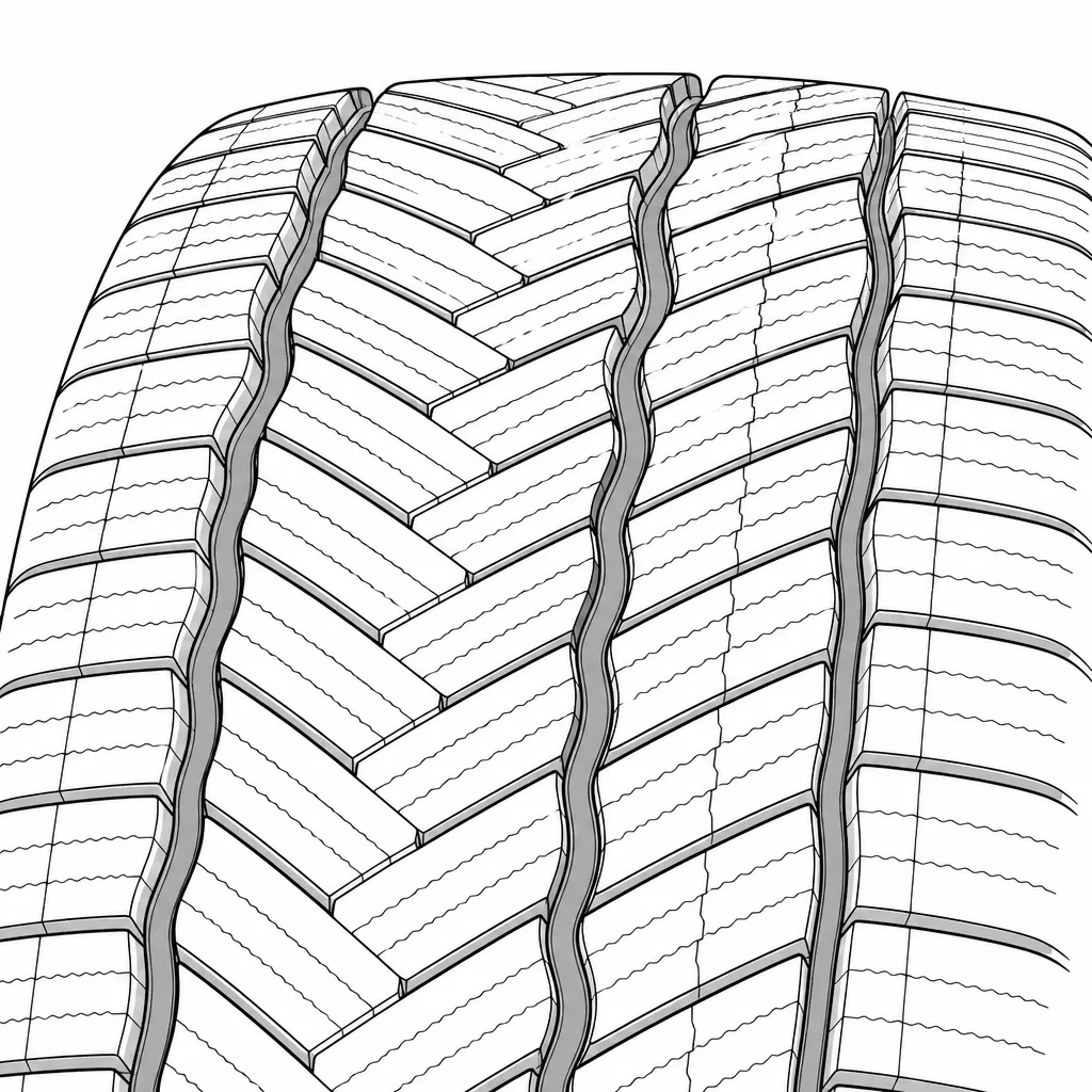 Schéma illustratif : Quatre rainures longitudinales sinueuses séparant plusieurs rangées de blocs