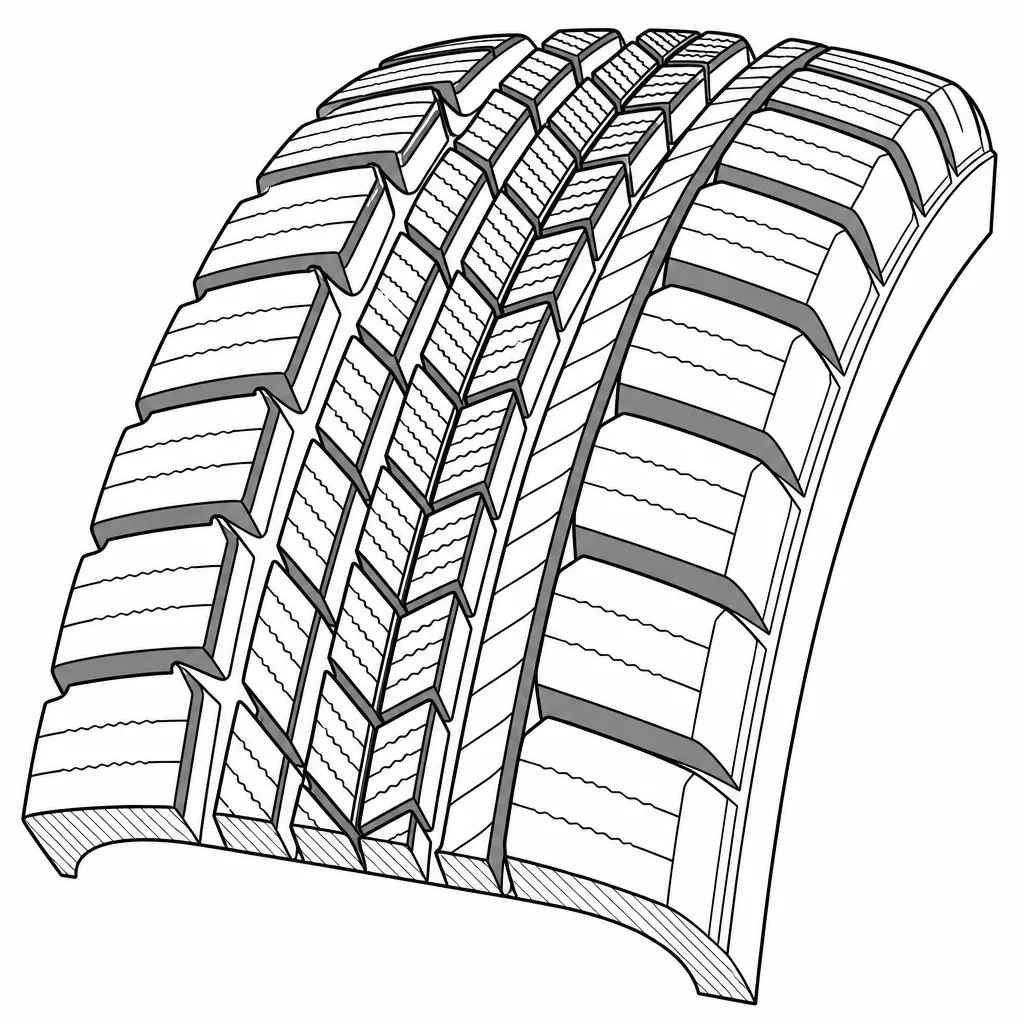 Schéma illustratif : Contraste de volume de gomme entre les petits éléments médians et les pavés d’épaule plus larges