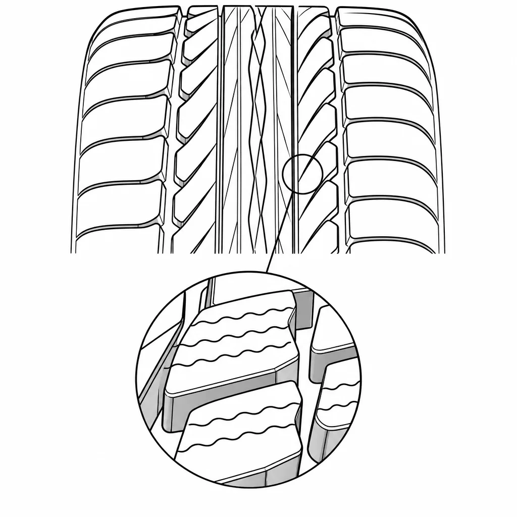 Schéma illustratif : Lamelles ondulées de densité moyenne laissant de larges ponts de gomme dans les pavés