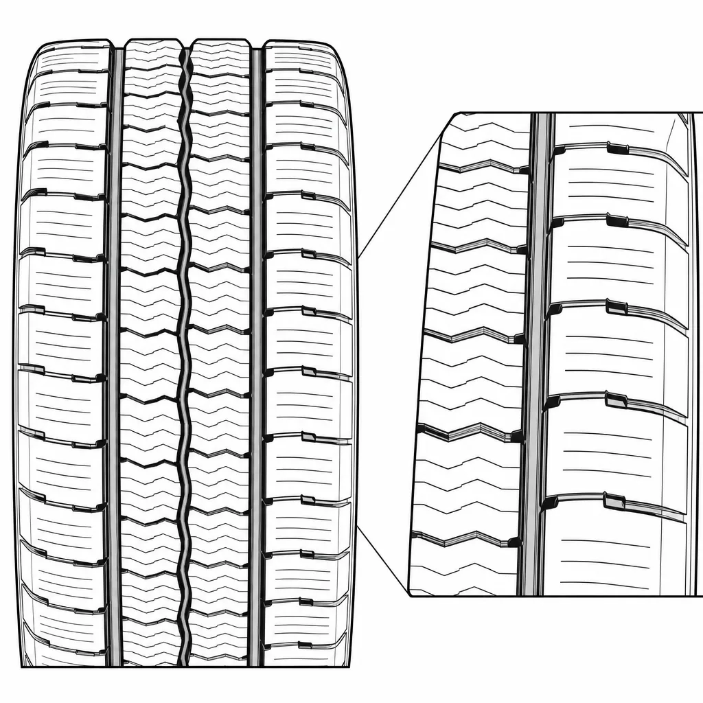 Schéma illustratif : Épaules à base large, subdivisées par des encoches et incisions transversales