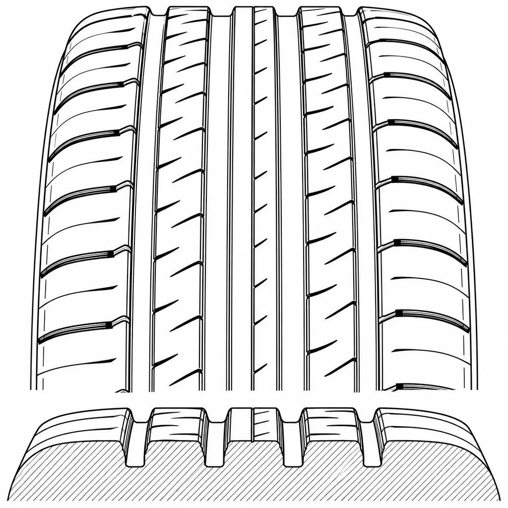 Schéma illustratif : Quatre rainures longitudinales principales séparant des bandes de gomme relativement étroites