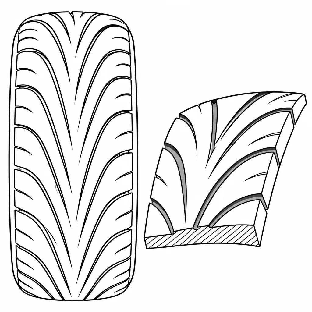 Schéma illustratif : Longues bandes de gomme incurvées, peu fragmentées en pavés indépendants