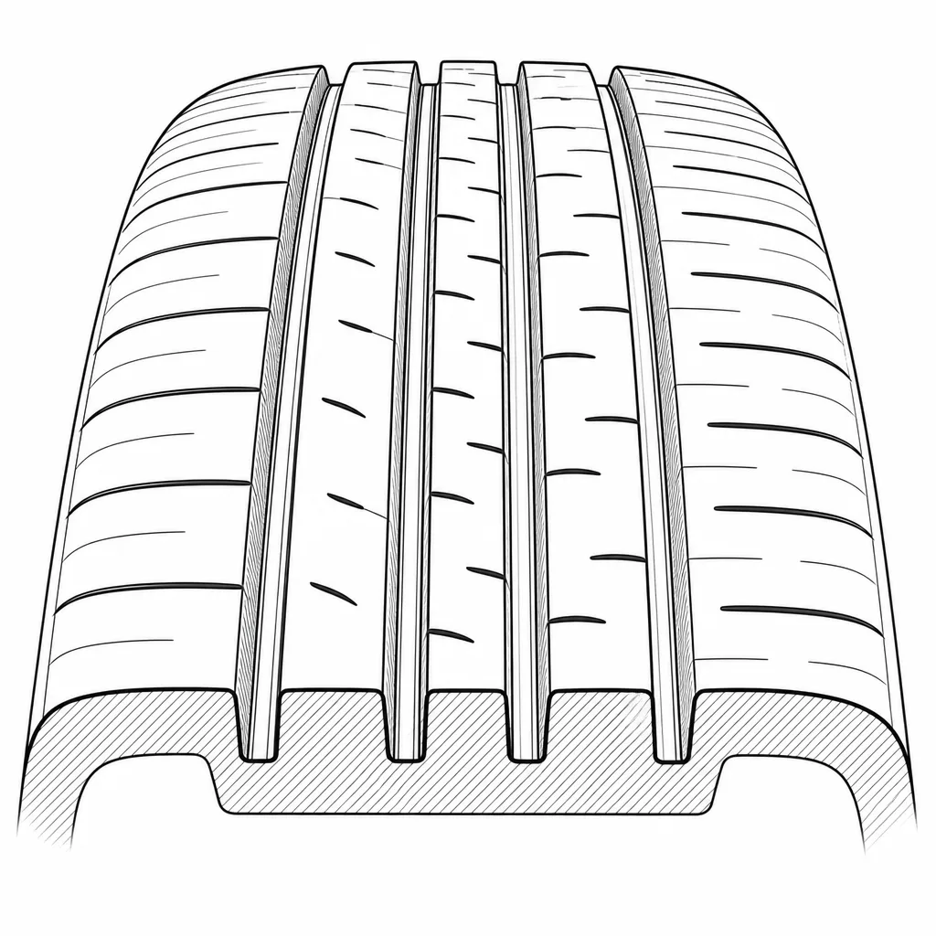 Schéma illustratif : Quatre rainures longitudinales séparant cinq pistes de gomme