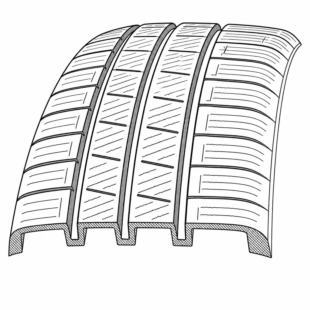 Schéma illustratif : Quatre rainures circonférentielles rectilignes séparant cinq bandes porteuses