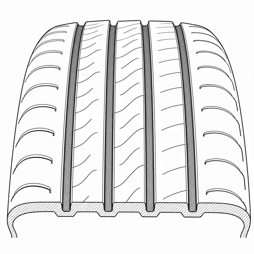 Schéma illustratif : Quatre rainures longitudinales continues séparant cinq bandes de gomme