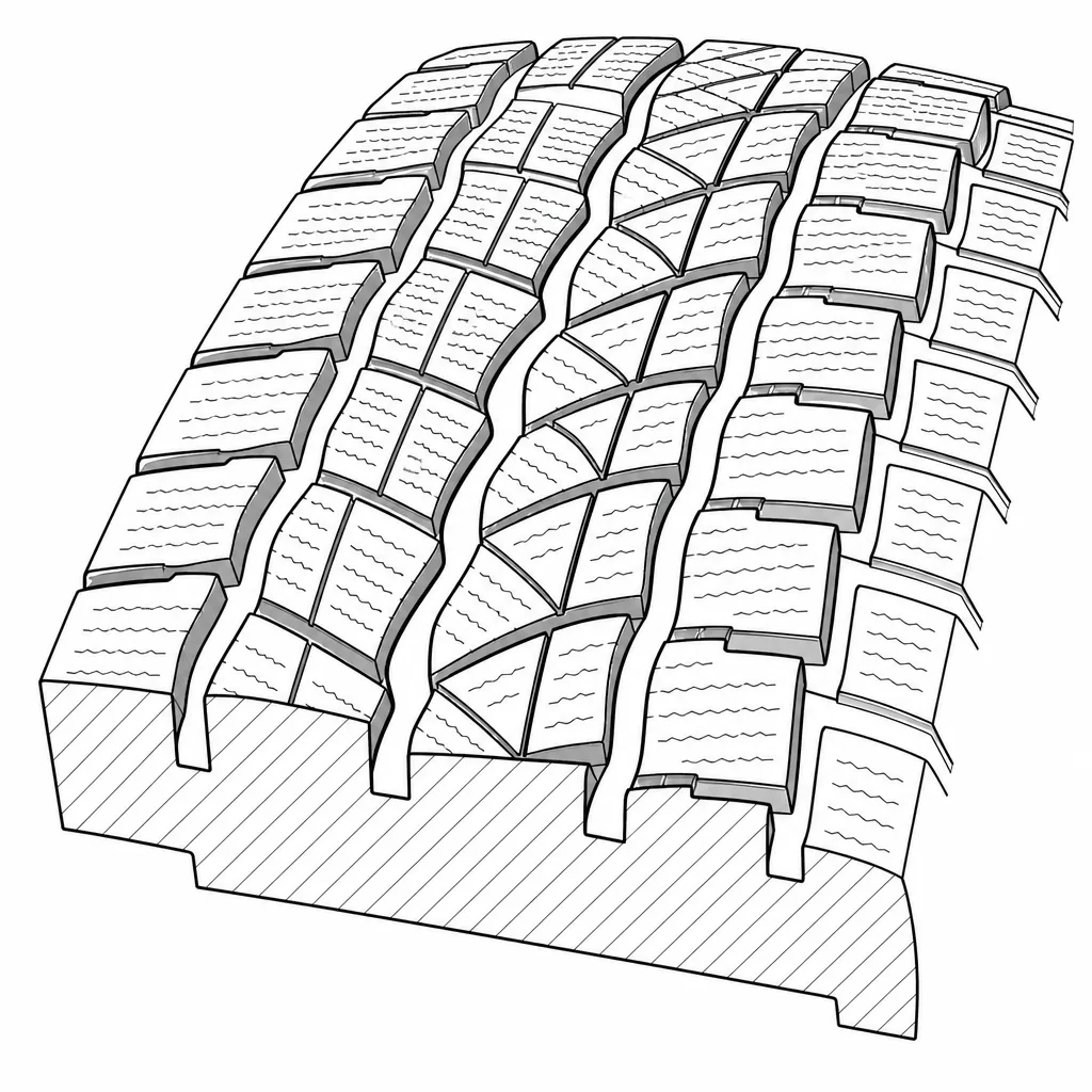 Schéma illustratif : Quatre rainures longitudinales sinueuses bordant des rangées de pavés décalées
