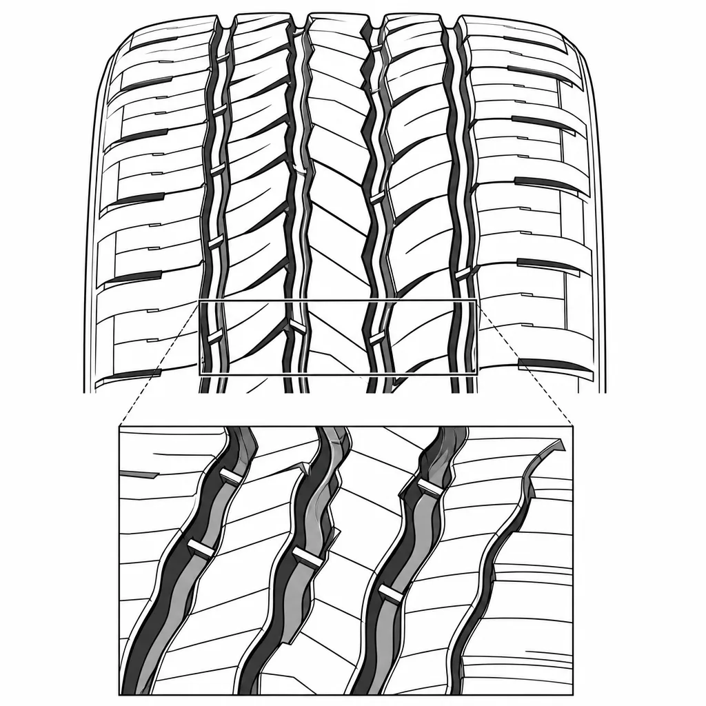Schéma illustratif : Quatre rainures longitudinales sinueuses reliées à des coupures obliques