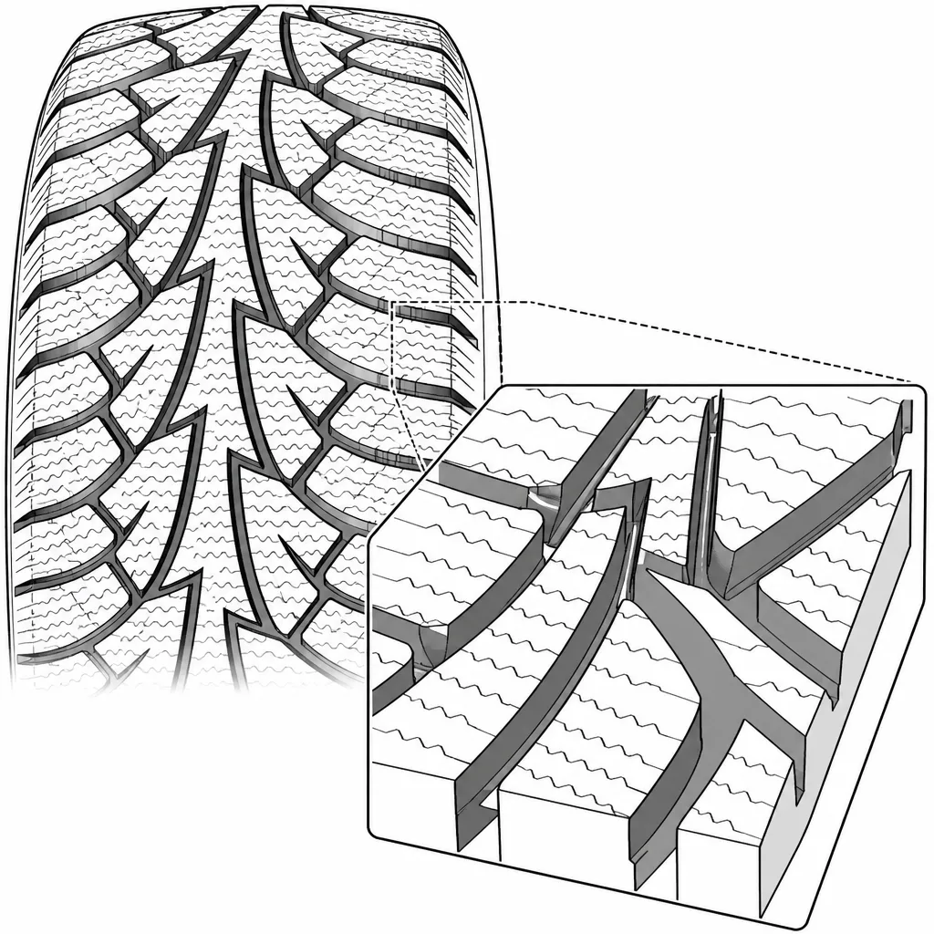 Schéma illustratif : Réseau combinant passages sinueux et larges rainures obliques