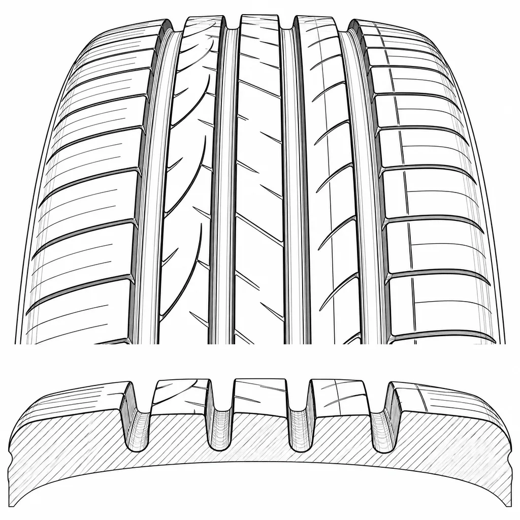 Schéma illustratif : Quatre rainures longitudinales larges séparant les bandes de gomme