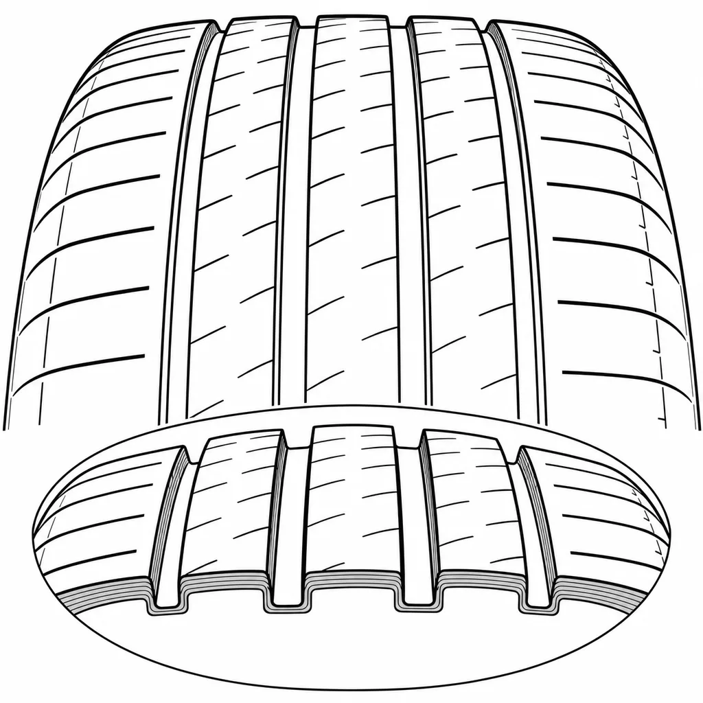 Schéma illustratif : Quatre rainures séparant la couronne en cinq bandes longitudinales étroites