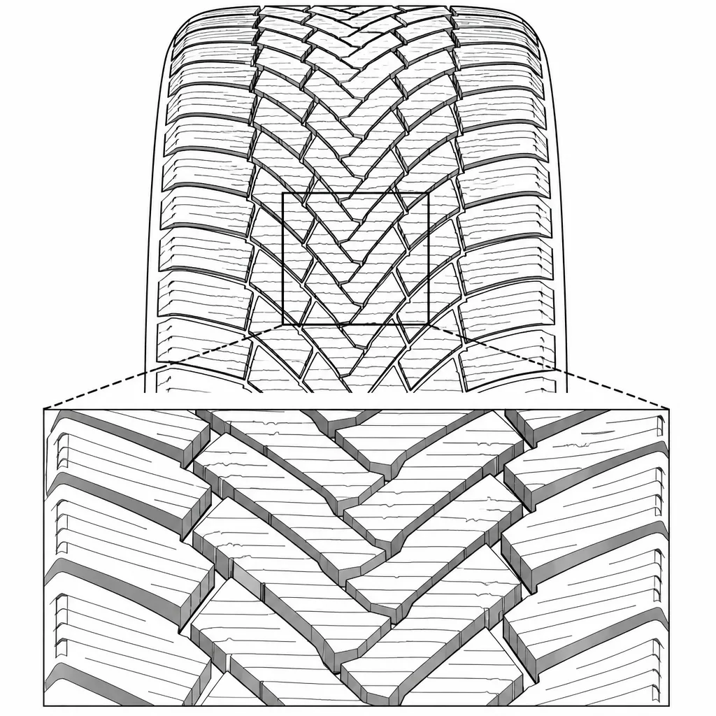 Schéma illustratif : Centre composé de blocs en chevrons sans nervure longitudinale continue