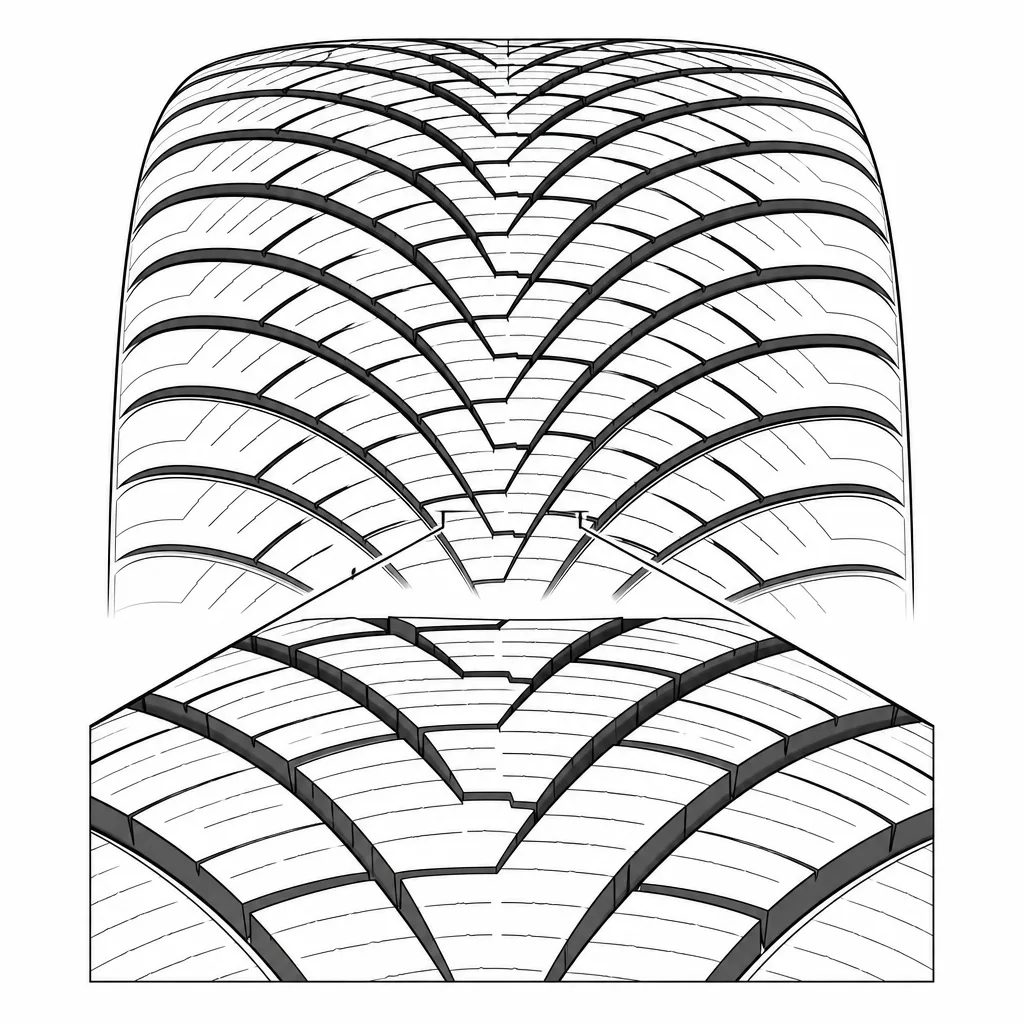 Schéma illustratif : Zone centrale constituée de pointes de chevrons imbriquées, sans nervure pleine