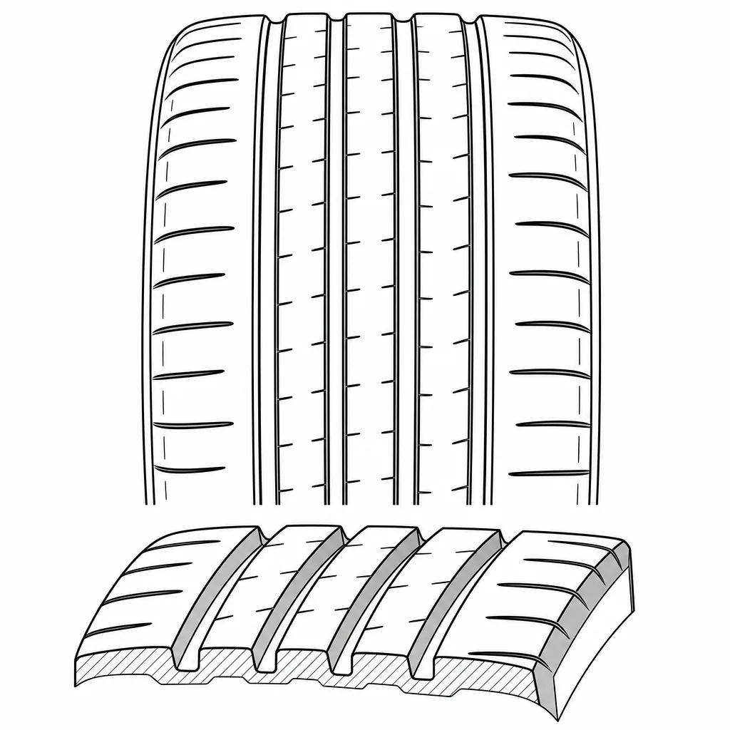Schéma illustratif : Quatre rainures longitudinales séparant des nervures étroites