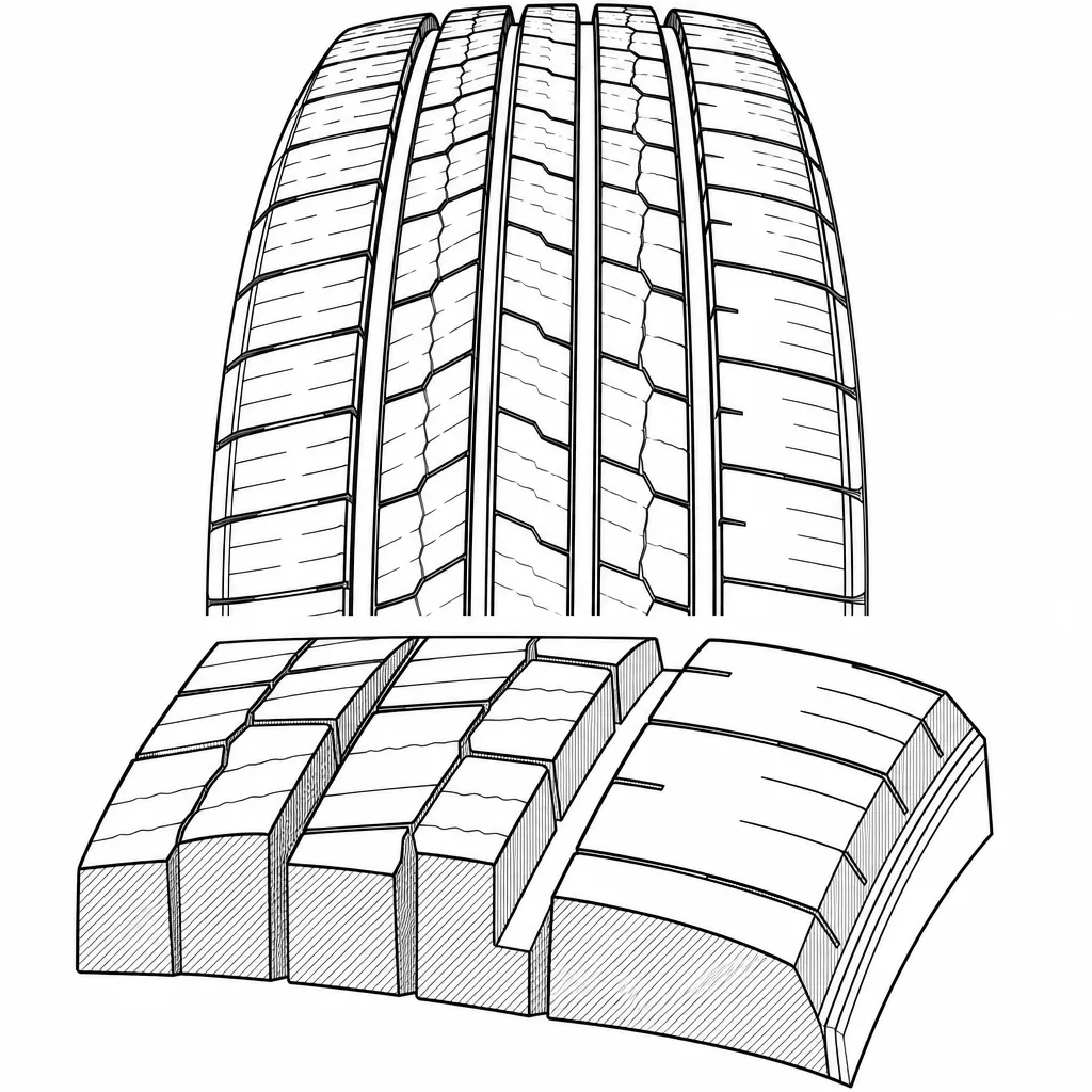 Schéma illustratif : Épaules semi-continues à volume de gomme supérieur à celui des rangées centrales