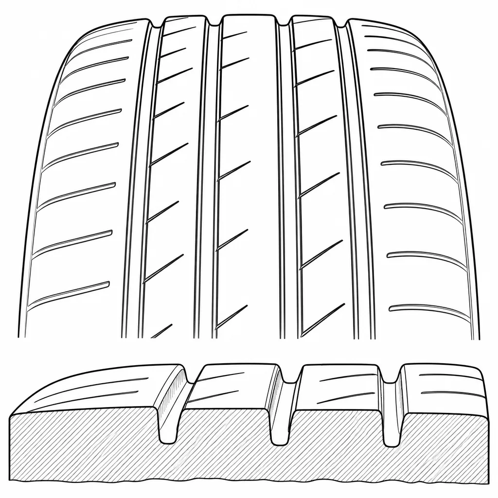 Schéma illustratif : Sillons circonférentiels relativement étroits entre des bandes de gomme continues