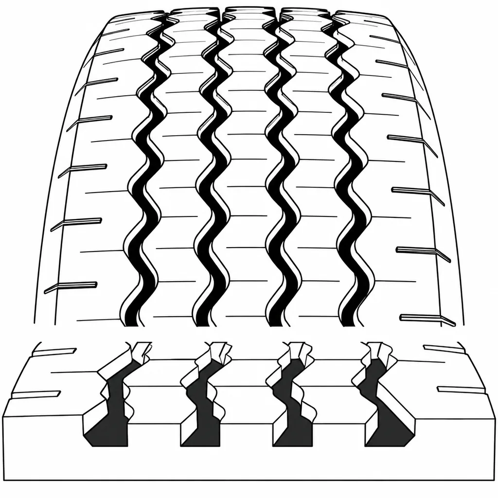 Schéma illustratif : Quatre rainures longitudinales sinueuses séparant des rangées étroites
