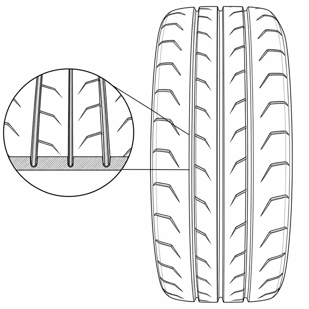 Schéma illustratif : Quatre rainures longitudinales séparant cinq bandes de gomme