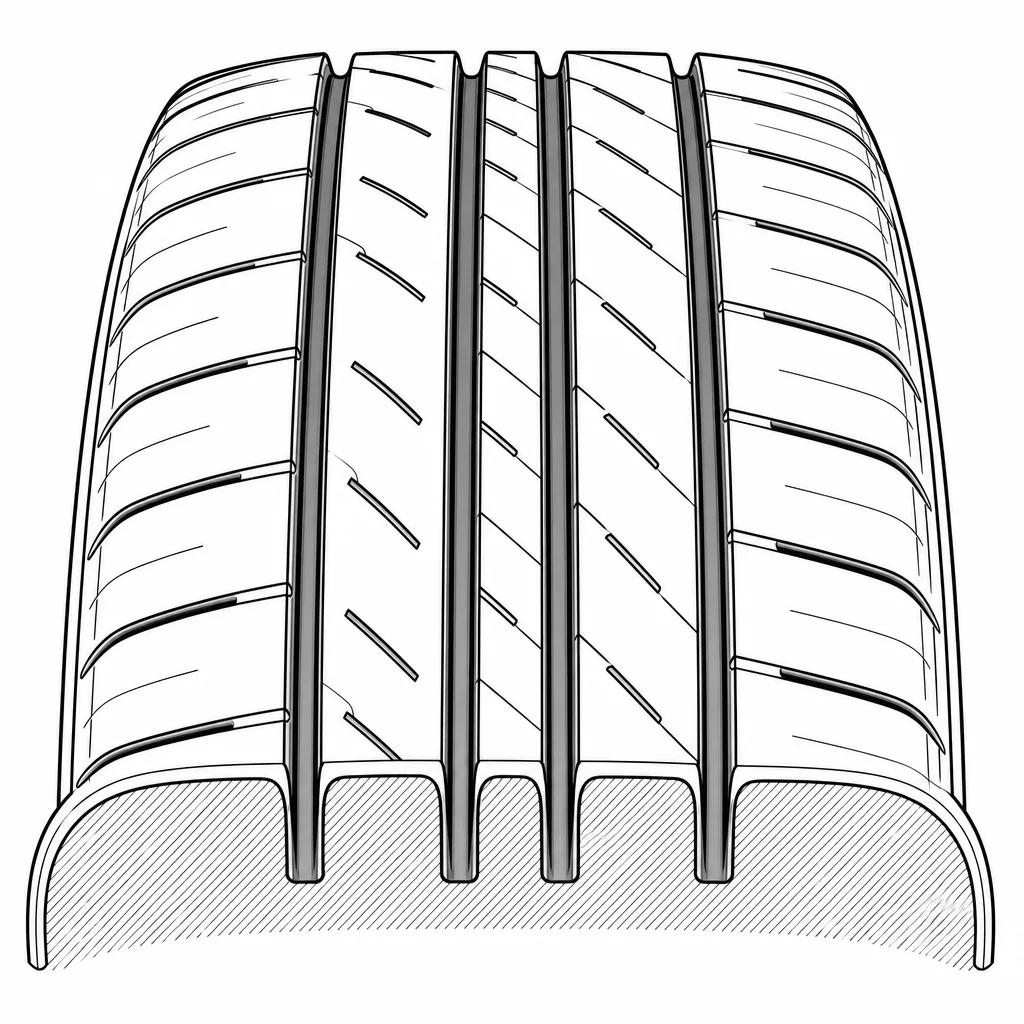 Schéma illustratif : Quatre rainures circonférentielles séparant cinq pistes de gomme