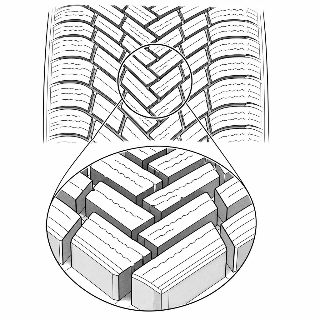 Schéma illustratif : Zone centrale composée de pointes de chevrons imbriquées et segmentées