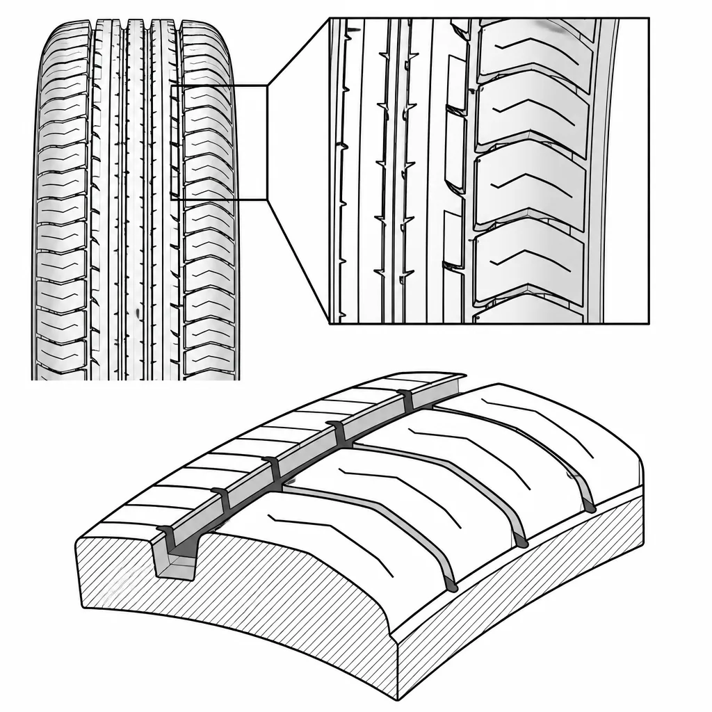 Schéma illustratif : Blocs d’épaule allongés avec ponts de gomme longitudinaux