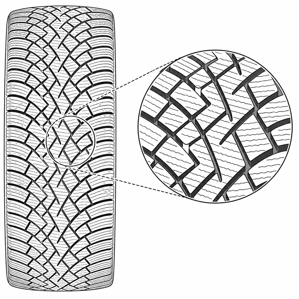 Schéma illustratif : Réseau de rainures en V et en zigzag, sans canal longitudinal rectiligne continu