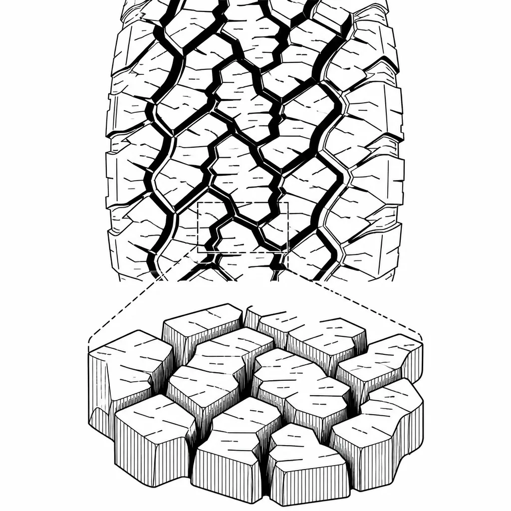Schéma illustratif : Rangées décalées de pavés aux contours polygonaux