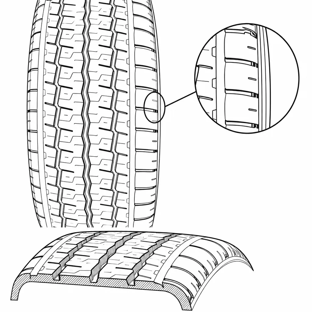 Schéma illustratif : Épaules en rangées longitudinales semi-continues avec encoches ouvertes vers les flancs